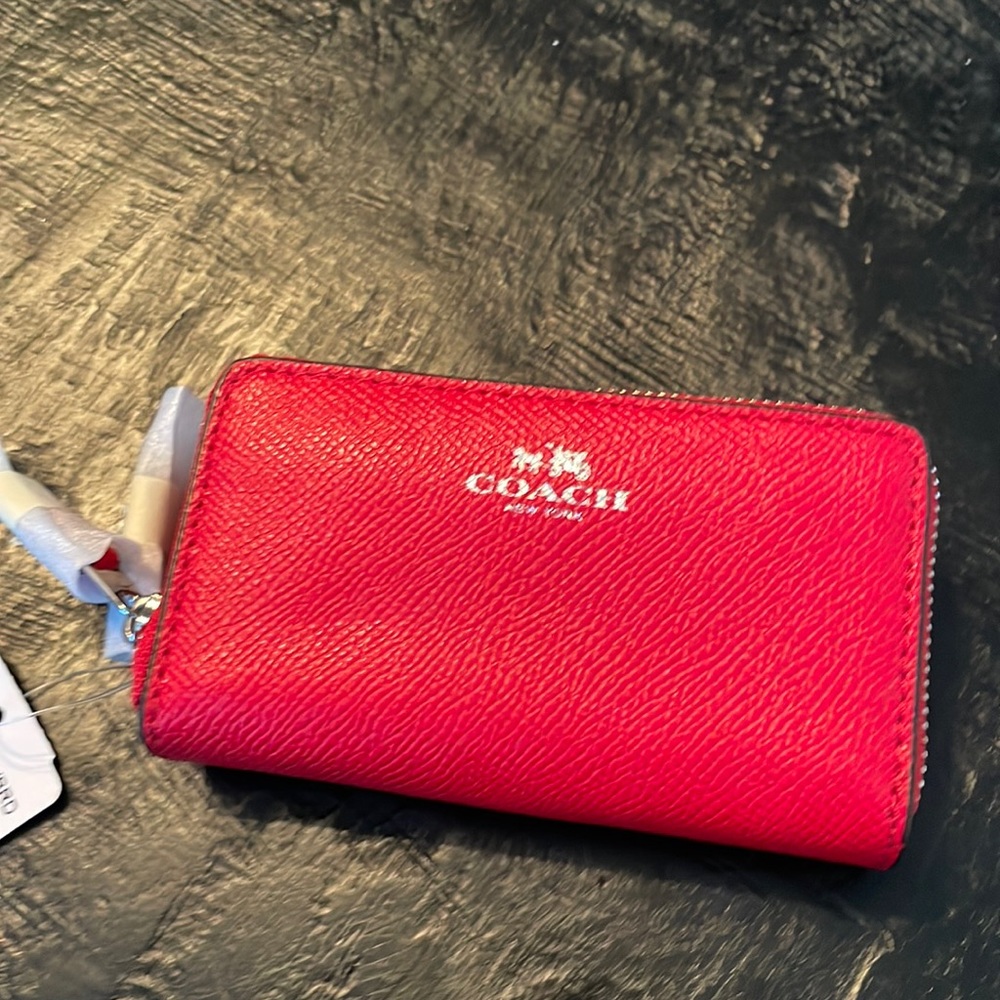COACH Red Leather Double Corner Zip Card Holder NWT